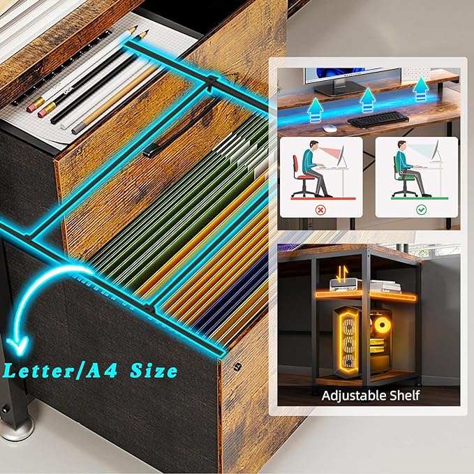 L-Shaped Home Office Desk with 2 Drawer Office Computer Desk with Monitor Stand Power Outlets and LED Lights Reversible Corner Gaming Desk 61 Inch Rustic Brown - LeafyLoom