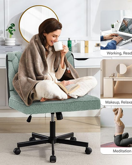 Criss Cross Legged Office Desk Chair with Wheels, Modern Armless Desk Chair with Wide Seat, Home Office Chair for Work, Meditation, Vanity, Green - LeafyLoom