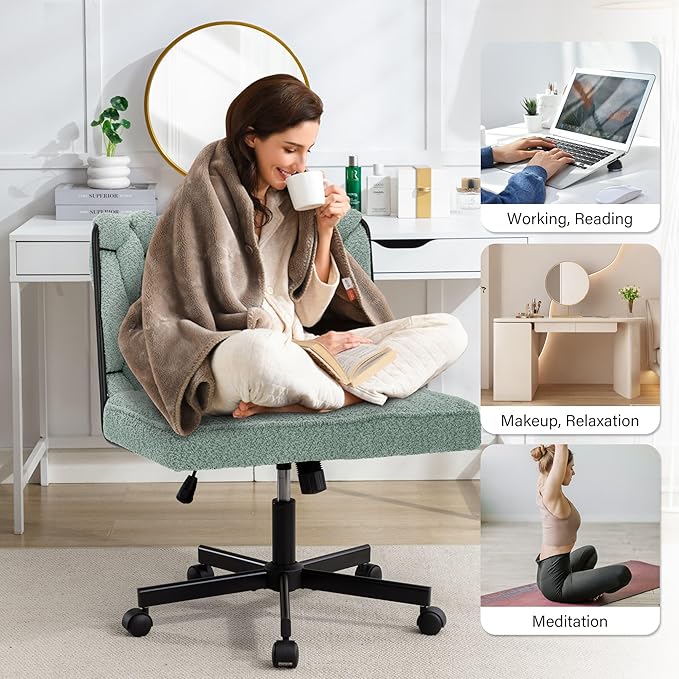 Criss Cross Legged Office Desk Chair with Wheels, Modern Armless Desk Chair with Wide Seat, Home Office Chair for Work, Meditation, Vanity, Green - LeafyLoom