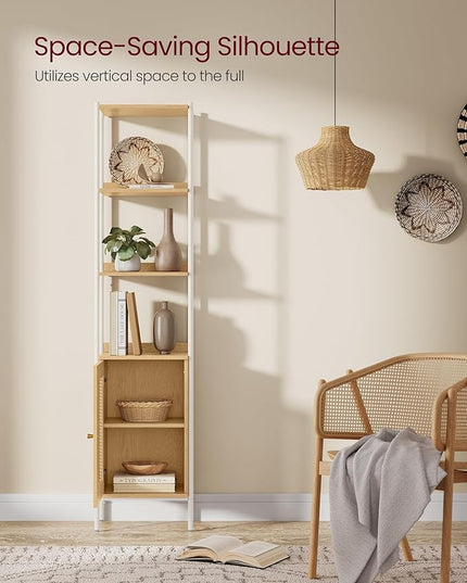 VASAGLE 6-Tier Bookcase, Bookshelf with Rattan-Like Door, Boho Style, Freestanding 15.7-Inch Wide Storage Shelf, Metal Frame, Adjustable Shelf, for Living Room, Oak Beige and Pearl White ULLS122W57 - LeafyLoom