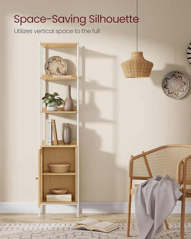 VASAGLE 6-Tier Bookcase, Bookshelf with Rattan-Like Door, Boho Style, Freestanding 15.7-Inch Wide Storage Shelf, Metal Frame, Adjustable Shelf, for Living Room, Oak Beige and Pearl White ULLS122W57 - LeafyLoom