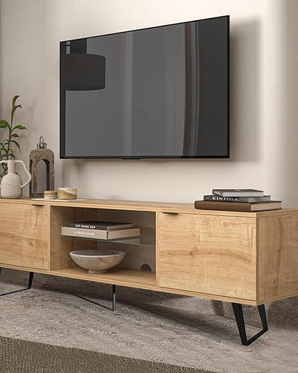 Atelier Mobili Mid Century Modern TV Stand 75 inch | Farmhouse Entertainment Center with Storage | TV Stand for 75 Inch TV | Oak TV Stand for Living Room Entertainment Center for Bedroom TV Stand - LeafyLoom