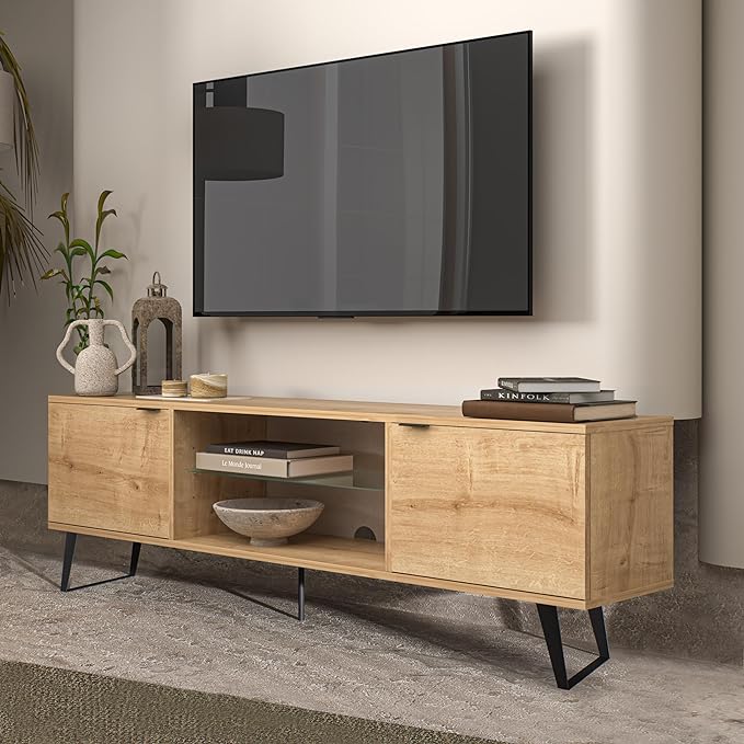 Atelier Mobili Mid Century Modern TV Stand 75 inch | Farmhouse Entertainment Center with Storage | TV Stand for 75 Inch TV | Oak TV Stand for Living Room Entertainment Center for Bedroom TV Stand - LeafyLoom