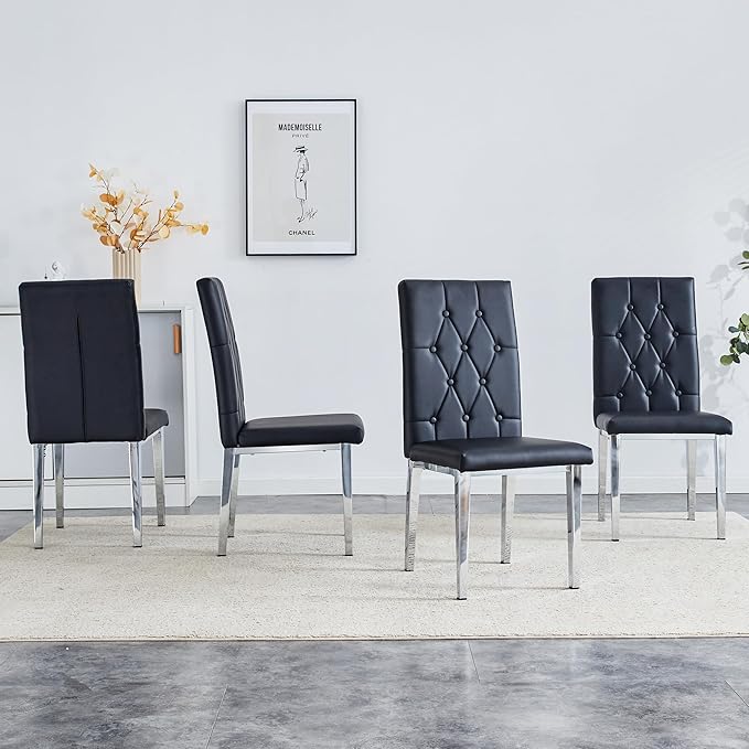 NicBex Dining Chairs Set of 4 Modern PU Dining Room Kitchen Chairs with Embedded Button High Backrest,Silver Metal Legs,Chairs for Dining Room, Kitchen,Living Room, and Restaurants,Black - LeafyLoom