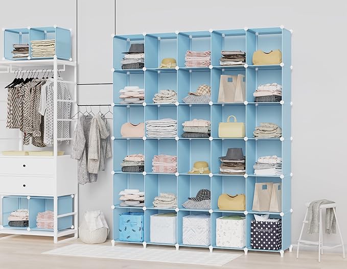 HOMIDEC Cube Storage Organizer 16-Cube Storage Shelf, Closet Organizer for Garment Racks, Closet Organizers and Storage with Metal Hammer, Bookshelf for Kids, (48.4 L x 12.2 W x 48.4 H Inches) - LeafyLoom