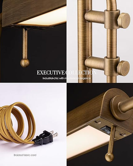 O'Bright Aurora LED Pharmacy Desk Lamp - Swing Arm, Industrial Design for Reading, Crafting, Work,10W LED, Adjustable Height 18.5-24.5 inches - Ideal for Living Room, Bedside, Office - Antique Brass - LeafyLoom