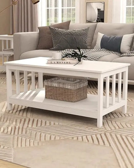 ChooChoo Farmhouse Coffee Table, Pure White Living Room Table with Shelf, 40 Inch - LeafyLoom