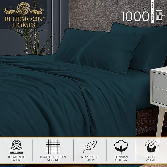 Egyptian Cotton Sheets California King Size Sheet Set, 4 Piece Bedding Set Includes 1 Flat Sheet + 1 Fitted Sheet & 2 Pillowcases, Cal-King Sheets 1000 Thread Count, Hotel Collection Sheets Teal - LeafyLoom