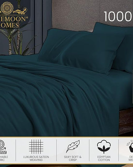 Bluemoon Homes 1000 TC King Size 4 Pc Sheet Set - 100% Egyptian Cotton King Size Bed Sheets - Breathable & Cooling Hotel Luxury Bedding Set - 18" Deep Pockets, King Sheets - Teal Color Bed Sheet Set - LeafyLoom