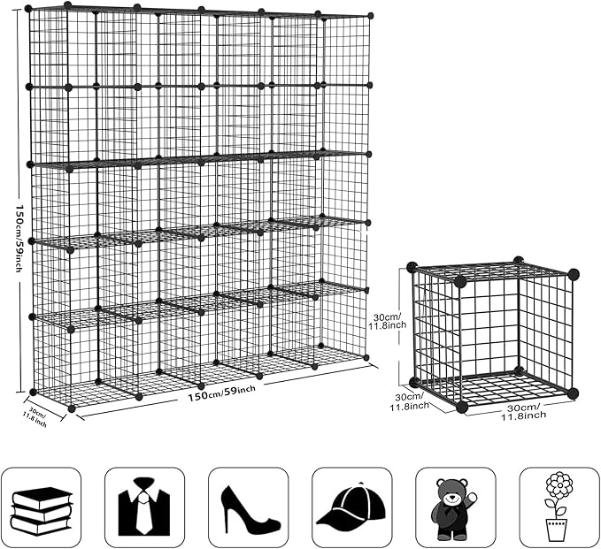 TUMUCUTE Wire Cube Storage Organizer, 25-Cube Modular Mental Grids Bookshelf, DIY Stackable Closet Cabinet for Bedroom Living Room, Office, Iron - LeafyLoom