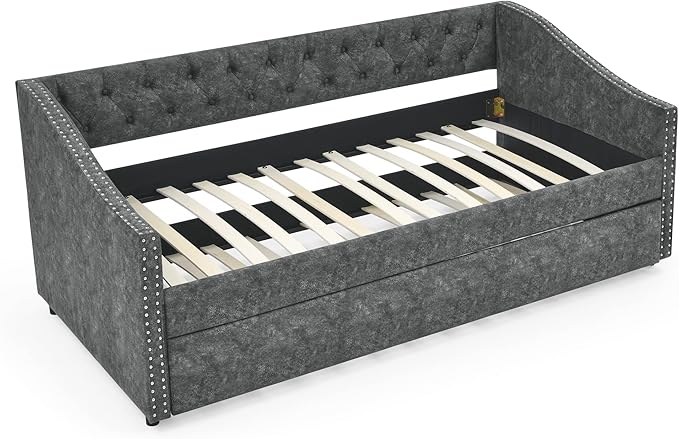 Twin Size Daybed with Trundle,Linen Upholstered Sofa Bed W/Button on Back & Copper Nail on Waved Shape Armrests,Space Saving,No Spring Box Need,Wood Bedframe for Living Room Bedroom Dorm,Grey - LeafyLoom