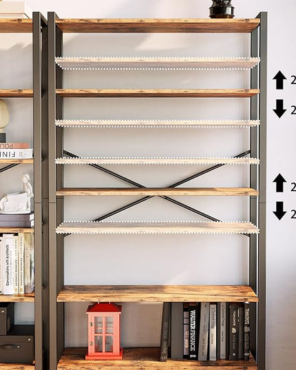 IRONCK Bookshelf and Bookcase with Adjustable 5 Shelves, 70" H x 31.5" W Wide Bookshelves with Door and Wheels, Vintage Brown - LeafyLoom