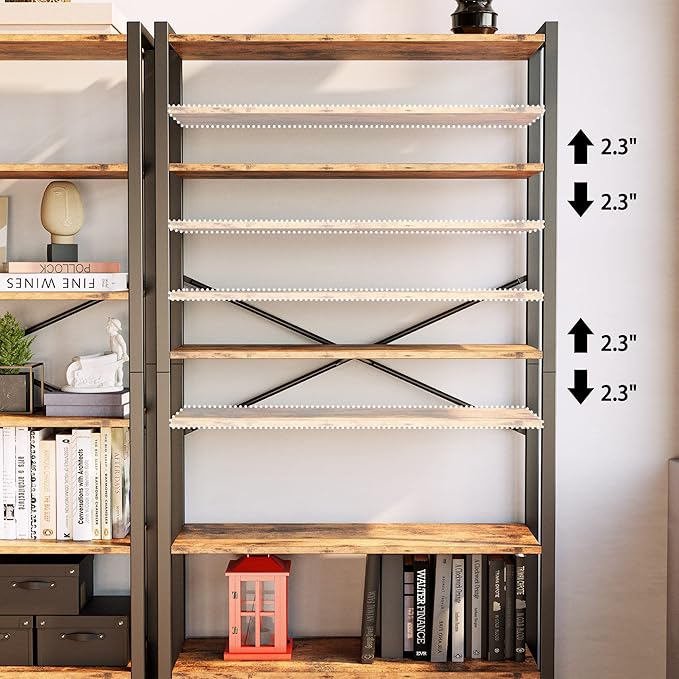 IRONCK Bookshelf and Bookcase with Adjustable 5 Shelves, 70" H x 31.5" W Wide Bookshelves with Door and Wheels, Vintage Brown - LeafyLoom