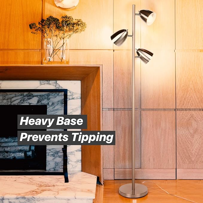 Brightech Jacob LED Standing Lamp, Modern Bright Floor Lamps for Living Rooms & Bedrooms, Tall LED Lighting Lamp with Adjustable 3 Light Tree – Satin Nickel - LeafyLoom