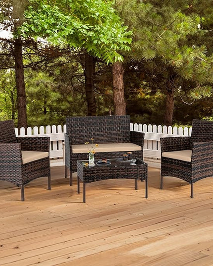 Outvita 4 Pieces Patio Furniture Set, Rattan Conversation Sets with Loveseat Soft Cushion and Glass Table for Garden Backyard Balcony Porch Poolside(Brown Gradient) - LeafyLoom