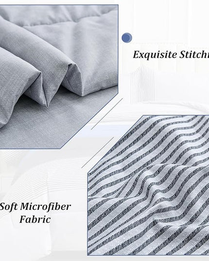 WONGS BEDDING Blue Stripe Comforter Set Twin Reversible Grey Blue Bedding Comforter Set for Twin Bed, 2 Pieces (1 Comforter+1 Pillowcase), Soft Microfiber Filling Duvet Set 68”×86” - LeafyLoom