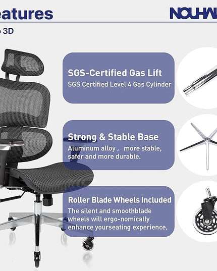 Nouhaus Ergo3D Ergonomic Office Chair Lumbar Support Mesh Office Chair with 4D Adjustable Armrest, Adjustable Headrest and Wheels, Mesh High Back Home Office Desk Chairs(Black) - LeafyLoom