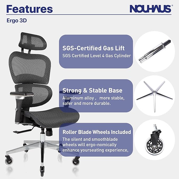 Nouhaus Ergo3D Ergonomic Office Chair Lumbar Support Mesh Office Chair with 4D Adjustable Armrest, Adjustable Headrest and Wheels, Mesh High Back Home Office Desk Chairs(Black) - LeafyLoom