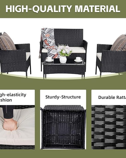 Patio Furniture Set,4 Piece Garden Conversation Set, Outdoor Wicker Rattan Table and Chairs, Black Patio Set, Sectional Sofa with Thick Cushion for Garden, Yard, or Porch (Black/Beige) - LeafyLoom