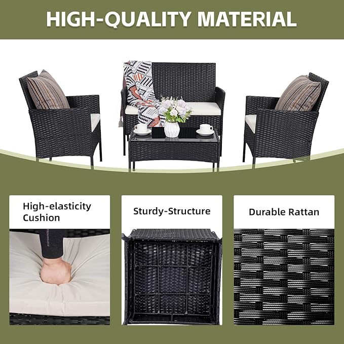 Patio Furniture Set,4 Piece Garden Conversation Set, Outdoor Wicker Rattan Table and Chairs, Black Patio Set, Sectional Sofa with Thick Cushion for Garden, Yard, or Porch (Black/Beige) - LeafyLoom