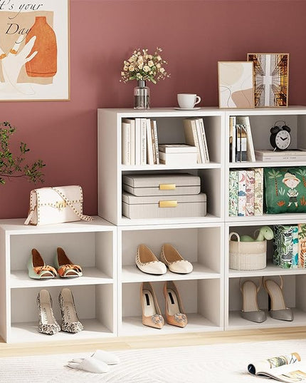 Storage Cube 2 Tiers White Stackable Storage Shelf, Cubby Organizer Wooden Display Shelf Closet Organizer,Modern Cubical Bookcase Compact Storage Cabinet for Living Room Bedroom Office - LeafyLoom