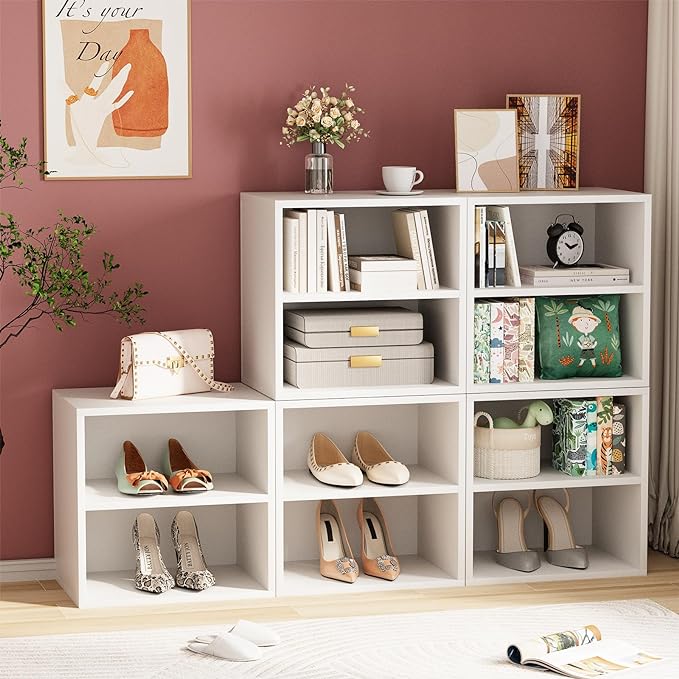 Storage Cube 2 Tiers White Stackable Storage Shelf, Cubby Organizer Wooden Display Shelf Closet Organizer,Modern Cubical Bookcase Compact Storage Cabinet for Living Room Bedroom Office - LeafyLoom