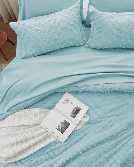 Anluoer King Comforter Set, Sky Blue Tufted Bed in a Bag 7 Pieces with comforters and sheets, All Season Bedding Sets with 1 Comforter, 2 PillowShams, 2 Pillowcases, 1 Flat Sheet, 1 Fitted Sheet - LeafyLoom