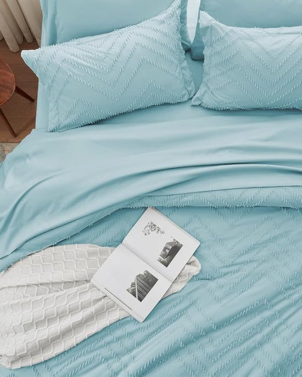 Anluoer Twin Comforter Set, Sky Blue Tufted Bed in a Bag 5 Pieces with comforters and sheets, All Season Bedding Sets with 1 Comforter, 1 PillowShams, 1 Pillowcases, 1 Flat Sheet, 1 Fitted Sheet - LeafyLoom