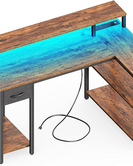 SUPERJARE 47 inch Reversible L Shaped Desk with LED Lights & Power Outlets, Computer Desk with Shelves & Monitor Stand, Gaming Desk with Drawer, Home Office Desk Corner Desk, Rustic Brown - LeafyLoom