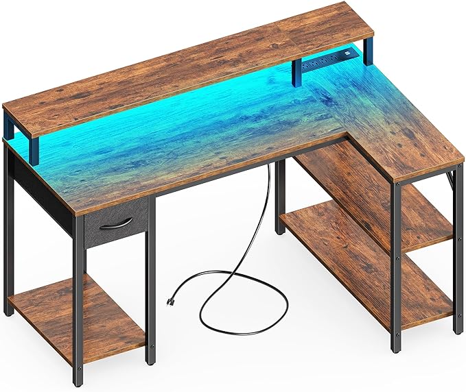 SUPERJARE 47 inch Reversible L Shaped Desk with LED Lights & Power Outlets, Computer Desk with Shelves & Monitor Stand, Gaming Desk with Drawer, Home Office Desk Corner Desk, Rustic Brown - LeafyLoom