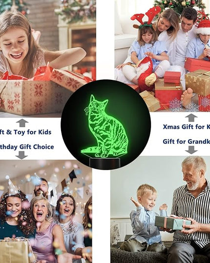 Cat Pet Gifts for Kids Girls,3D Illusion LED Cat Lamp Night Light with Remote Control 16 Colors Changing Decoration Bedside Lamps - LeafyLoom