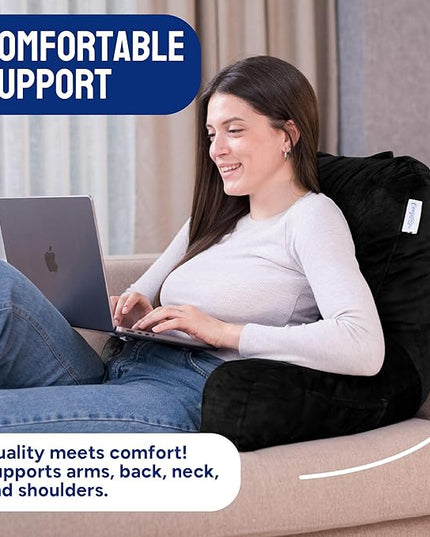 ComfortSpa Reading Pillow for Bed Adult Size, Back Rest Pillow with Arms, Pockets and Washable Cover; Use as Bed Pillows for Sitting Up in Bed for Bedrest or Relief from GERD Heartburn (Black) - LeafyLoom