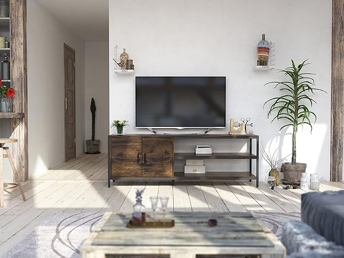 Novilla Retro Farmhouse TV Stand for TVs up to 65 Inches, Living Room Entertainment Center for Flat/Curved Screen, 58 Inches, Brown - LeafyLoom