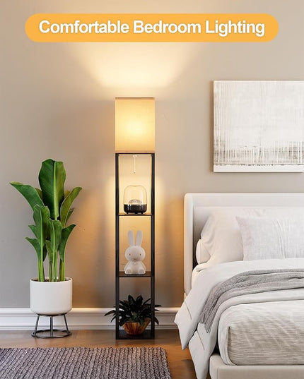 Floor Lamp with Shelves for Living Room, Shelf Floor Lamp with 3 CCT LED Bulb, Corner Display Standing Column Lamp Etagere Organizer Tower Nightstand with White Linen Shade for Bedroom, Office - LeafyLoom