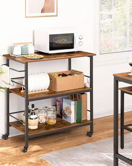 Kitchen Island with Storage,Industrial Kitchen Counter with Hooks and Side Enclosures, 3 Tier Kitchen Cart with Large Workstation, Saving Space, Easy Assembly, Rustic Brown and Black BF03ZD01 - LeafyLoom