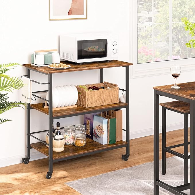 Kitchen Island with Storage,Industrial Kitchen Counter with Hooks and Side Enclosures, 3 Tier Kitchen Cart with Large Workstation, Saving Space, Easy Assembly, Rustic Brown and Black BF03ZD01 - LeafyLoom