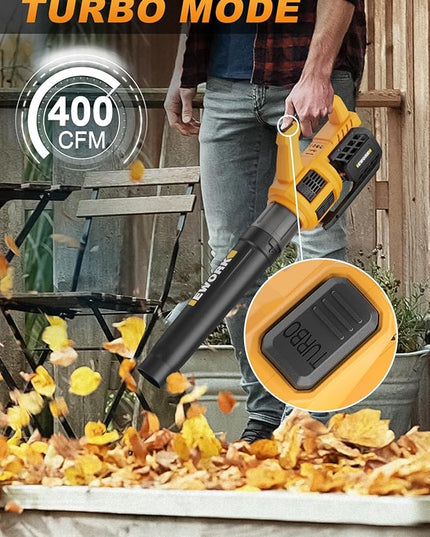 EWORK Cordless Leaf Blower - 21V Electric Leaf Blower Cordless with (2) 3.0Ah Battery and Fast Charger 400CFM Variable Speed & Turbo Mode - Battery Powered Leaf Blowers for Lawn Care and Patio - LeafyLoom