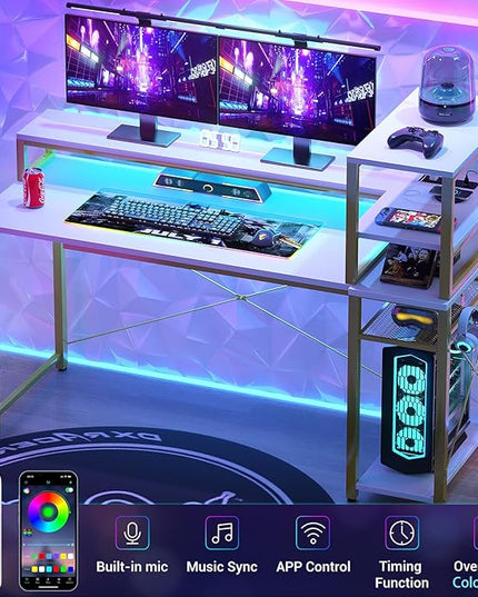 47" Gaming Desk with Storage, Computer Desk with LED Lights, Home Office Desk with Adjustable Shelves & Power Outlets, Gaming Computer Desk with Long Monitor Stand for Small Spaces, White Gold - LeafyLoom