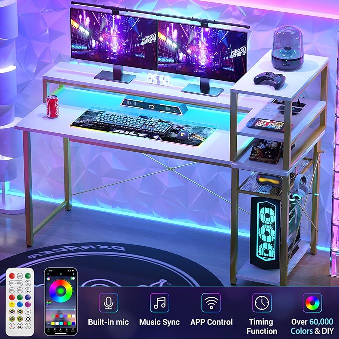 47" Gaming Desk with Storage, Computer Desk with LED Lights, Home Office Desk with Adjustable Shelves & Power Outlets, Gaming Computer Desk with Long Monitor Stand for Small Spaces, White Gold - LeafyLoom