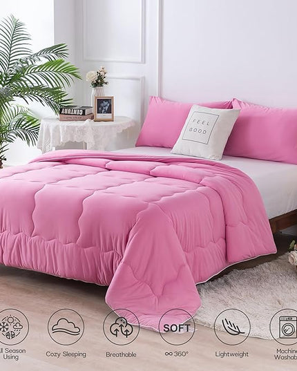 COTTEBED Rose Pink Comforter Queen Size, Jersey Knit T-Shirt Feel Ultra-Soft Cute Cozy Durable Lightweight Bedding Blanket Down Conforter Set and Pillowcase for Women Girl All Season Use Full/Queen - LeafyLoom