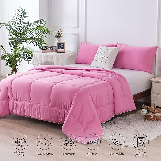COTTEBED Rose Pink Comforter Queen Size, Jersey Knit T-Shirt Feel Ultra-Soft Cute Cozy Durable Lightweight Bedding Blanket Down Conforter Set and Pillowcase for Women Girl All Season Use Full/Queen - LeafyLoom