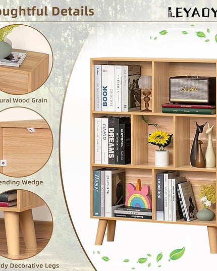 LEYAOYAO Wooden 7 Cube Book Shelf, Natural 3 Tier Bookshelf with Legs, Modern Open Storage Organizer,Boho Bookcase,Display Cabinet Shelf Free Standing Bookshelves for Bedroom,Living Room,Office - LeafyLoom