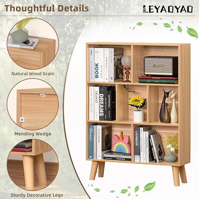 LEYAOYAO Wooden 7 Cube Book Shelf, Natural 3 Tier Bookshelf with Legs, Modern Open Storage Organizer,Boho Bookcase,Display Cabinet Shelf Free Standing Bookshelves for Bedroom,Living Room,Office - LeafyLoom