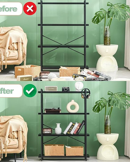 HCHQHS Bookshelf, 4-Tier Industrial Bookcase, Black Open Book Shelf, Freestanding Tall Bookshelves with Metal Frame - LeafyLoom