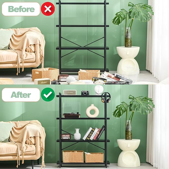 HCHQHS Bookshelf, 4-Tier Industrial Bookcase, Black Open Book Shelf, Freestanding Tall Bookshelves with Metal Frame - LeafyLoom
