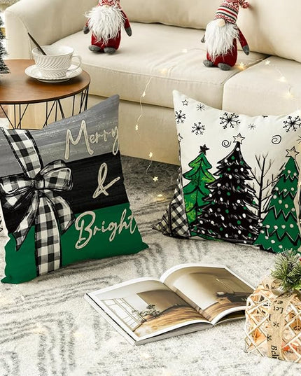 AVOIN colorlife Merry Christmas Joy Xmas Trees Green Throw Pillow Covers, 18 x 18 Inch Christmas Winter Holiday Cushion Case Decoration for Sofa Couch Set of 4 AVOINcolorlife