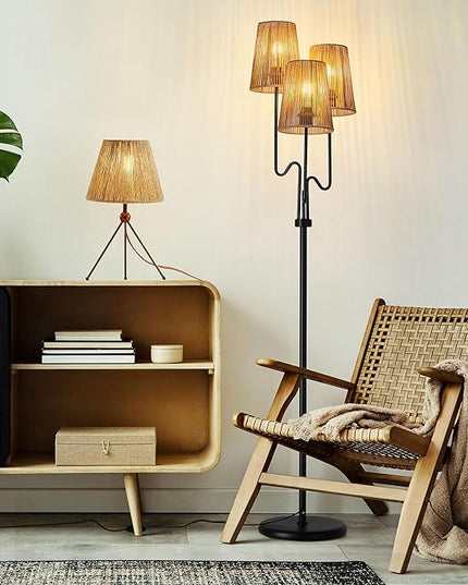Boho Floor Lamp, 68in. Rattan Floor Lamp with Rattan Shade,3 Light Tree Standing Lamp for Bedroom,Nursery,E26 Socket, Living Room Floor Lamp for Rustic,Coastal, Beach or Bohemian Decor (Black) - LeafyLoom