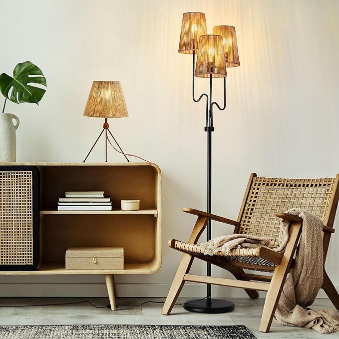 Boho Floor Lamp, 68in. Rattan Floor Lamp with Rattan Shade,3 Light Tree Standing Lamp for Bedroom,Nursery,E26 Socket, Living Room Floor Lamp for Rustic,Coastal, Beach or Bohemian Decor (Black) - LeafyLoom