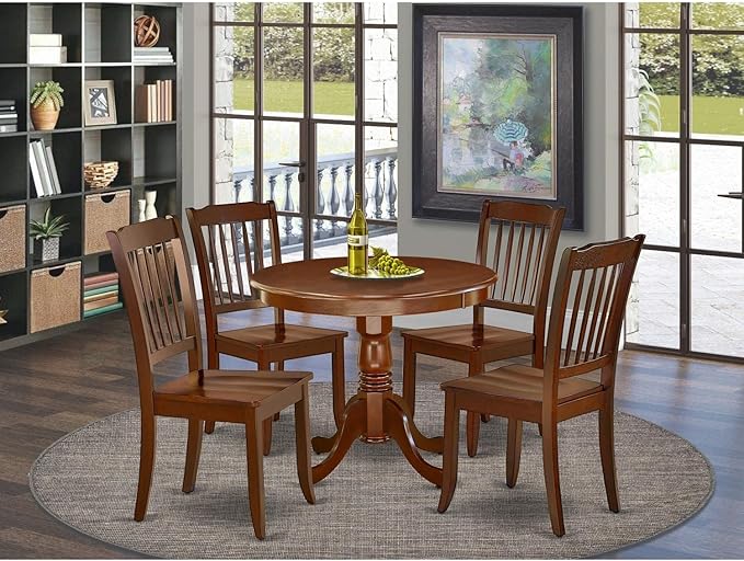 East West Furniture ANDA5-MAH-W Antique 5 Piece Set for 4 Includes a Round Kitchen Table with Pedestal and 4 Dining Room Chairs, 36x36 Inch - LeafyLoom