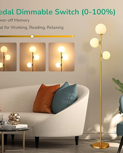 EDISHINE 69in Gold Modern Floor Lamp for Living Room, Upgraded Dimmable 3 Globe Mid Century Standing Lamps, Built-in LED, Frosted Glass Shade, Luna Tall Pole Lamp for Bedroom, Hotel -Antique Brass - LeafyLoom